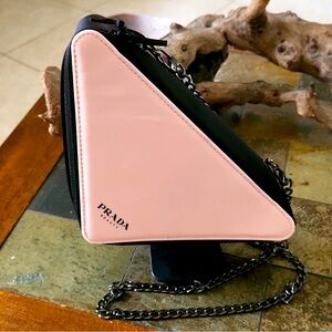 Prada Pink and Black Triangle Cosmetic Pouch with Chain